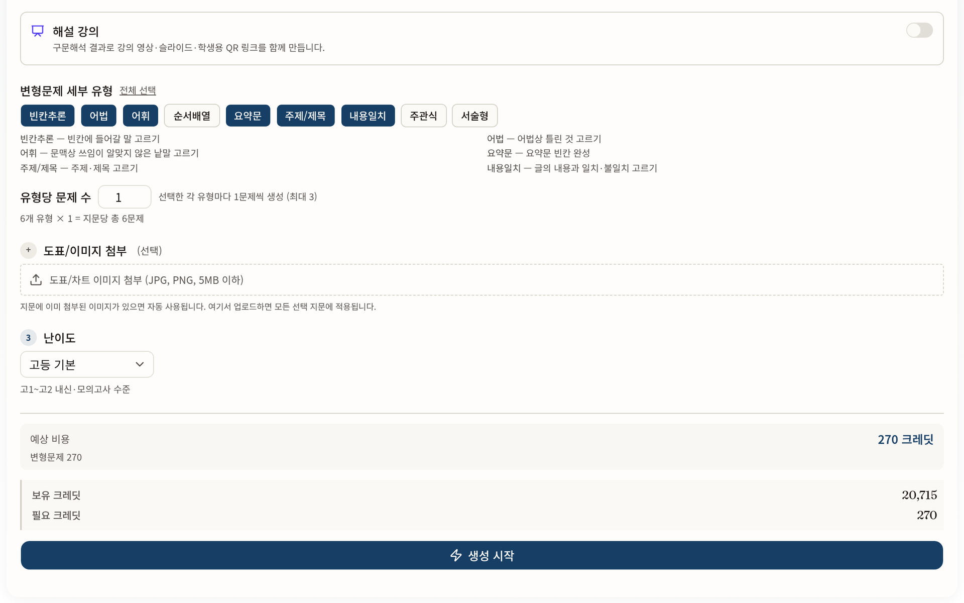 생성 패널. 지문 선택, 자료 유형과 세부 유형, 난이도, 예상 비용과 보유 크레딧이 보입니다.